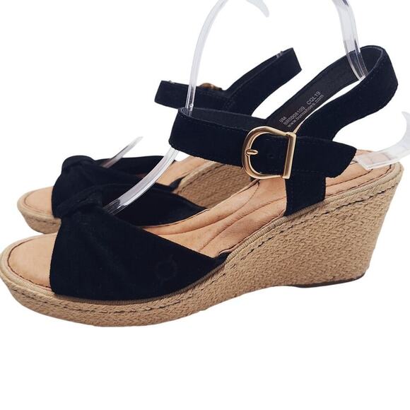 Born Monticello Knotted Wedge Espadrille Sandals Suede Leather 9 Open Toe Black - Picture 1 of 13